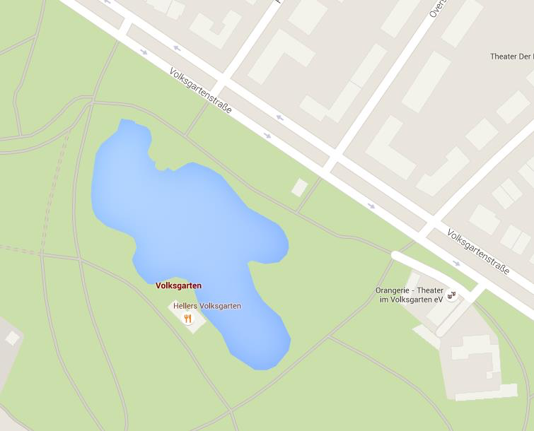 Gewässerkarte Volksgartenweiher mit markierten Bereichen