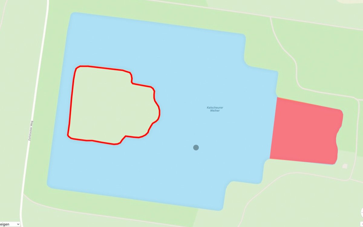 Gewässerkarte Kalscheurer Weiher mit markierten Bereichen
