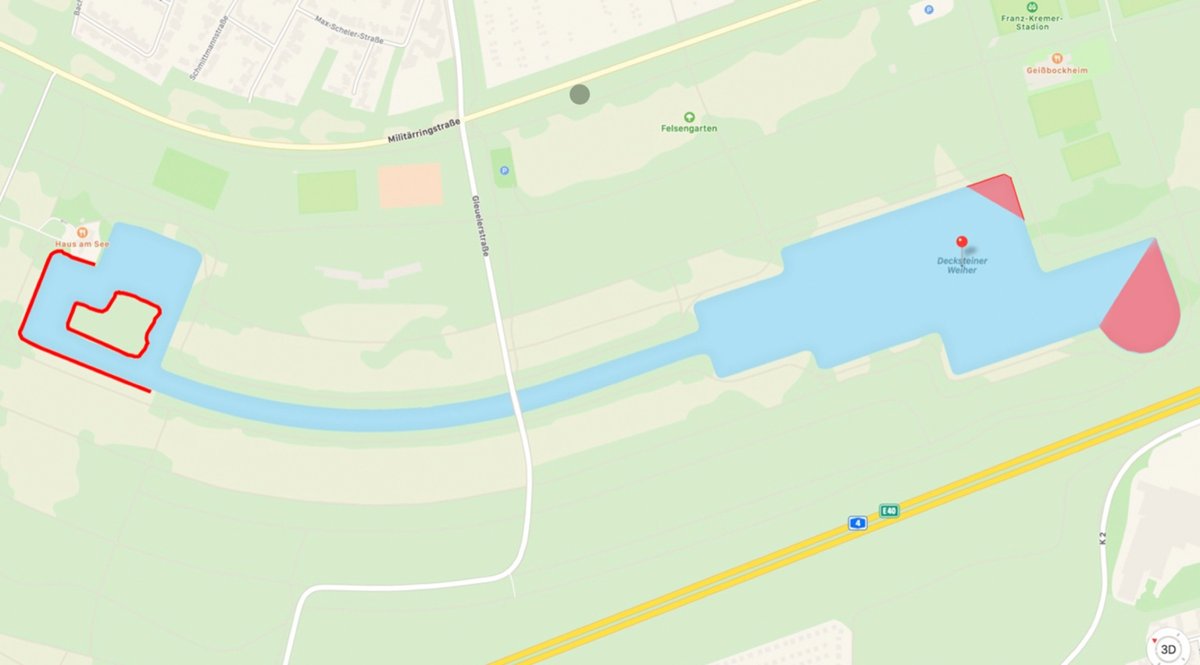 Gewässerkarte Decksteiner Weiher mit markierten Bereichen